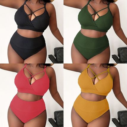 New Sexy Plus Solid Size Color Halter High Waist Bikini Swimsuit