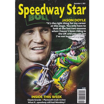Speedway Star magazine : December 4, 2021. Plymouth track review. Jason Doyle.