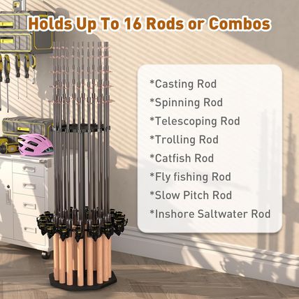 Fishing Rod Holder Wood, Holds up to 16 Rods or Combos, 360° Spinning Fishing Po