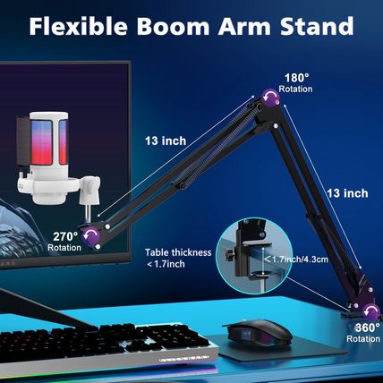 NJSJ USB Gaming Microphone for PC, Condenser Mic with Boom Arm for PS4/ PS5/ Mac