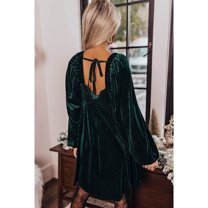 Green Tie Back Square Neck Velvet Babydoll Dress