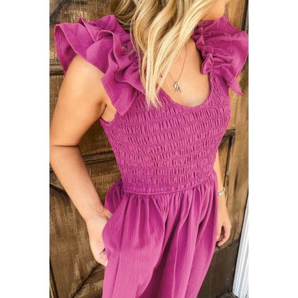 Rose Red Solid Color Ruffled Straps Smocked Ruched Maxi Dress