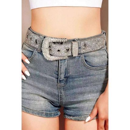 White Rhinestone Decorated Buckle Belt