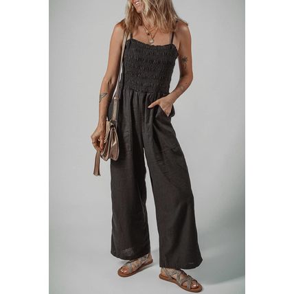 Black Spaghetti Straps Shirred Bodice Pocketed Wide Leg Jumpsuit