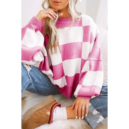 Rose Stripe Checkered Bishop Sleeve Sweater