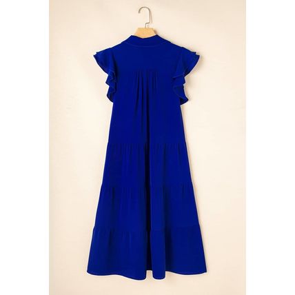 Bluing Ruffled Short Sleeve Collared V Neck Tiered Midi Dress