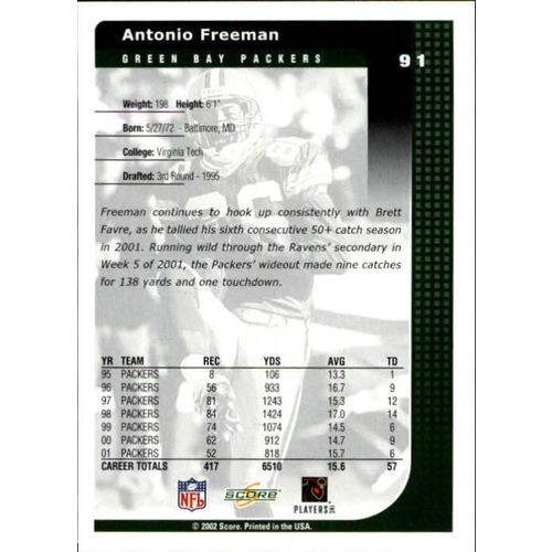 2002 Score Football Antonio Freeman #91