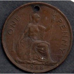 Coins. Pre-Decimal 1948 George VI. One Penny. (Drilled)
