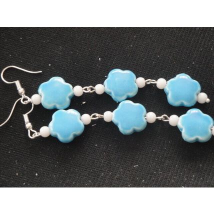 Stunning handmade blue ceramic flower bead long drop swing earrings