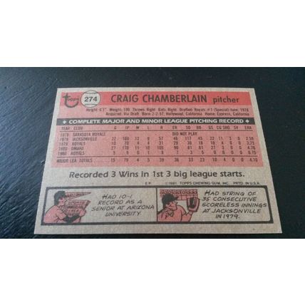 1981 Topps Card # 274 Craig Chamberlain Excellent (5) Kansas City Royals