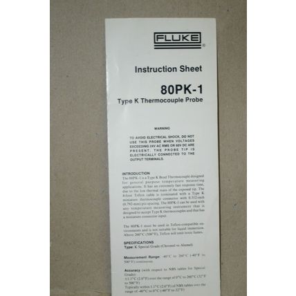 Fluke Type K Thermocouple Prob 80PK-1 Instruction Sheet