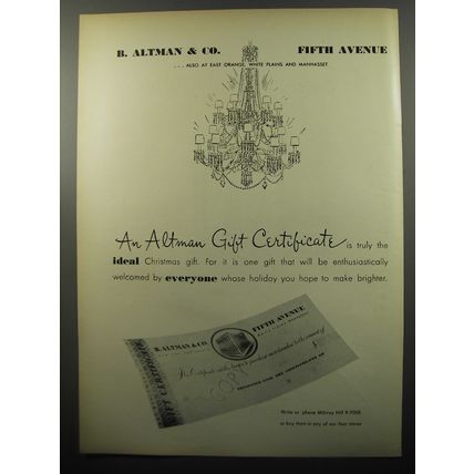 1950 B. Altman & Co. Gift Certificates Advertisement