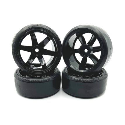 1/10 Drift Tires Mounted on Black 6 Spoke Wheels (4pcs)