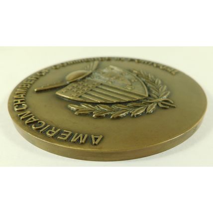 Vintage American Chamber Of Commerce Portugal Bronze Prize Medal Medallion & Box