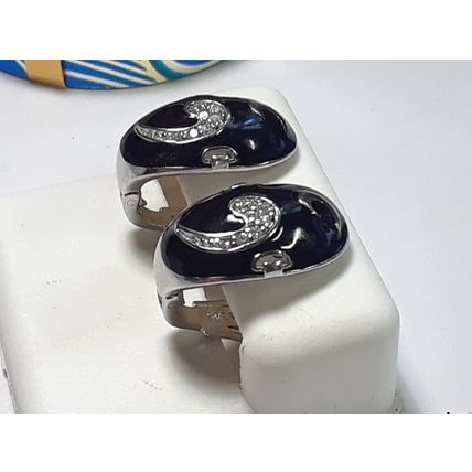 Estate .20ctw swirl CZ black emamel Sterling Silver Huggie Style Earrings #19173