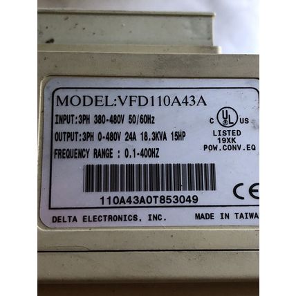 DELTA VFD110A43A DRIVE,3PH,3811083702,15 HP, 380-480V (NO FRONT COVER),TB