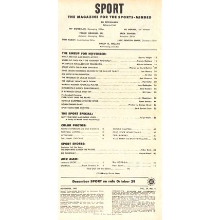Mag: Nov 1957 Sport ~ Don Stephenson, Yogi Berra, Jackie Robinson, Frank Gifford