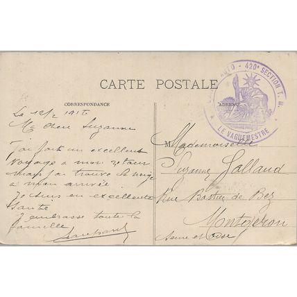 SAINT PIERRE POSTCARD WITH 420 SECTION CACHET CIRCA 1916 MY REF 2