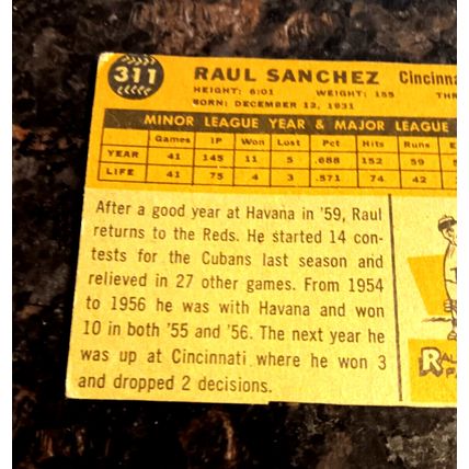 1960 Topps 311 Raul Sanchez Cincinnati Reds Pitcher 1.0 Poor No Crease