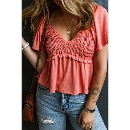 Tomato Red Shirred V Neck Short Flutter Sleeve Textured Blouse