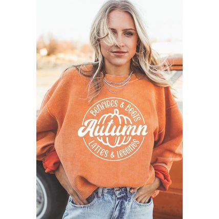 Orange Autumn Pumpkin Graphic Print Corded Oversized Sweatshirt