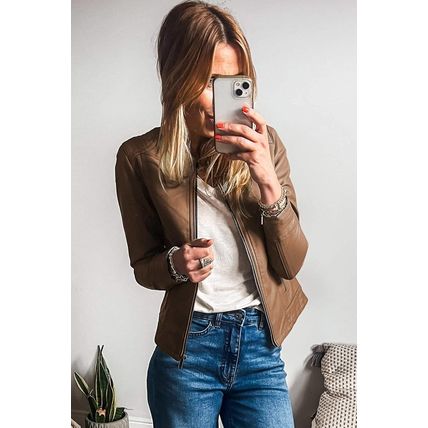 Chestnut Solid Faux Leather Zipper Slim Fit Bomber Jacket