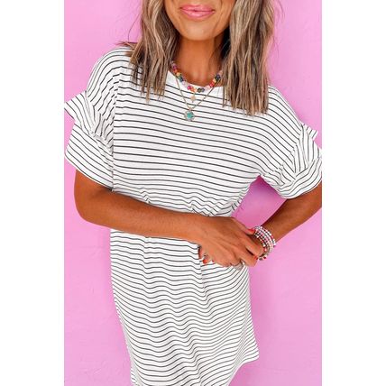 White Stripe Ruffled Short Sleeve Crew Neck T Shirt Shift Mini Dress