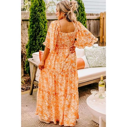 Orange Floral Print Smocked V Neck Wide Sleeve Maxi Dress