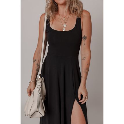 Black Sleeveless Scoop Neck Flared Split Midi Dress
