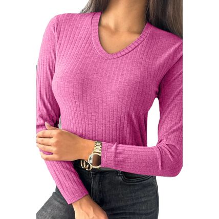 Strawberry Pink Ribbed Knit V Neck Long Sleeve Slim Fit Top