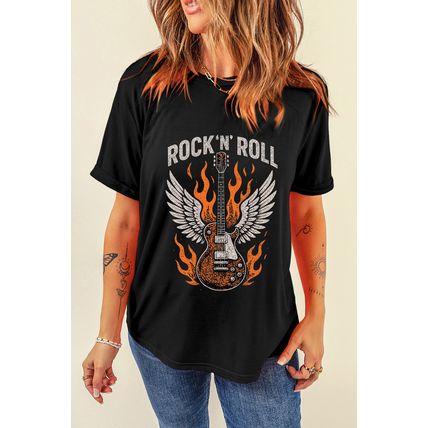 Black Guitar Wings Slogan Print Crew Neck T Shirt