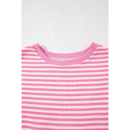 Pink Stripe Bowknot Cutout Back Drop Shoulder Wide Bracelet Sleeve Loose Tee