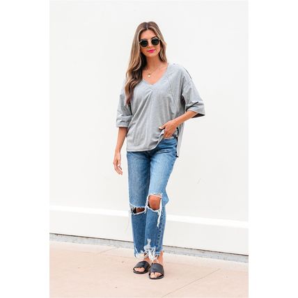 High Raglan Half Sleeve V Neck Oversized T Shirt