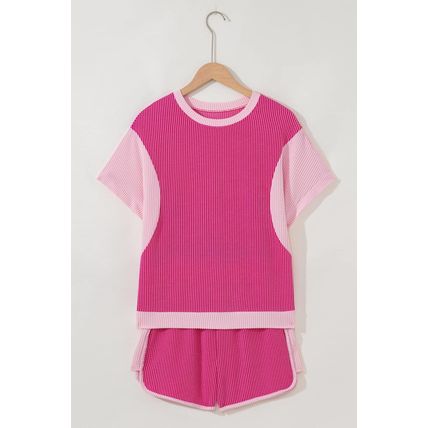 Rose Red 3D Spiral Ribbed Texture 2 Tones Patchwork Short Set