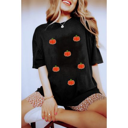 Black Chenille Pumpkin Patched Casual Cotton Blend T Shirt