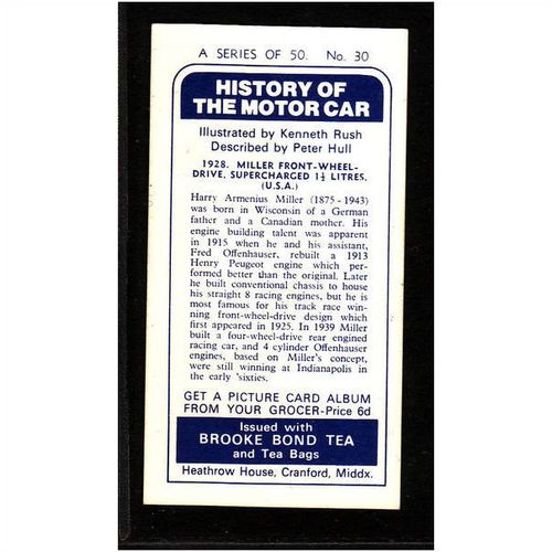 1968 Brooke Bond Tea card HISTORY OF THE MOTOR CAR no.30 Miller