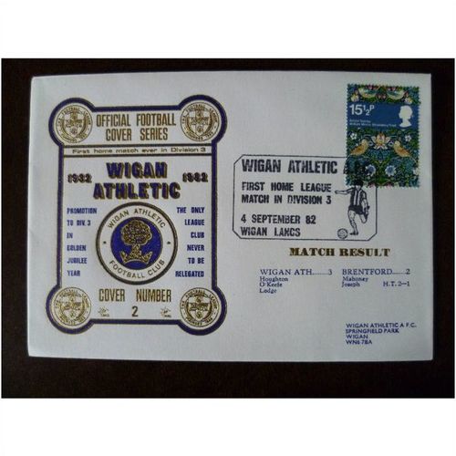 1982 Wigan Athletic v Brentford Dawn Football Cover No 2 Golden Jubilee stamp