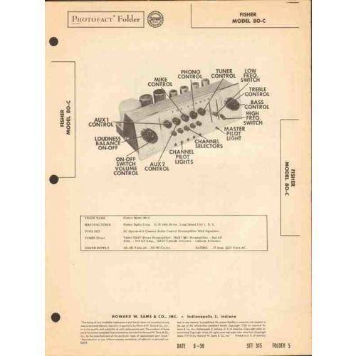 FISHER model 80-C 5-chan audio pre-amplifier EQ Sams Photofact manual