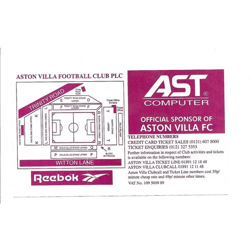 Aston Villa v Arsenal 1996/1997 Premier League Football Ticket