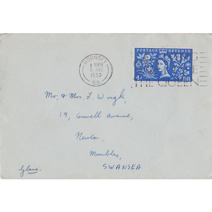 GB 1953 FDC Coronation 4d from Hornsey to Swansea with God save the Queen slogan