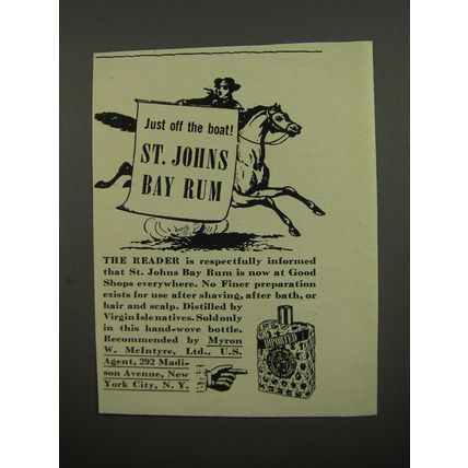 1953 St. Johns Bay Rum After Shave Ad - Just off the boat! St. Johns Bay Rum