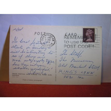 SNAPE FESTIVAL HALL, SUFFOLK used postcard 1978 pm =