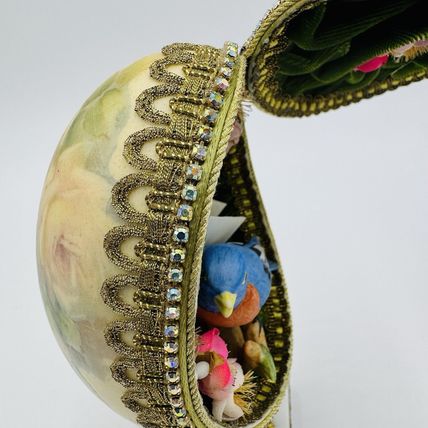 Vintage Ostrich Egg Ornate Hand Decorated Brass & Marble Base Green Velvet Lined