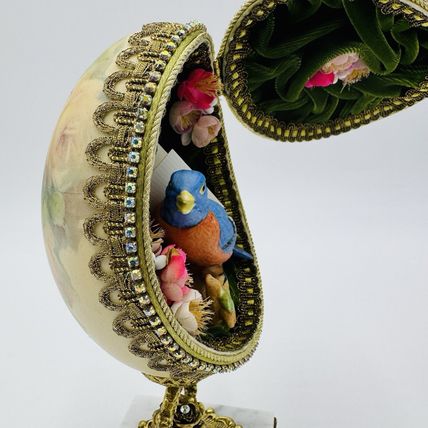 Vintage Ostrich Egg Ornate Hand Decorated Brass & Marble Base Green Velvet Lined