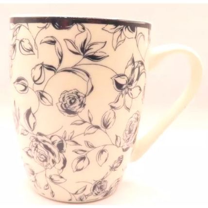 Rose Pattern Mug Fine China Grey & White Ceramic 10.5 CM Gift Tableware Beverage