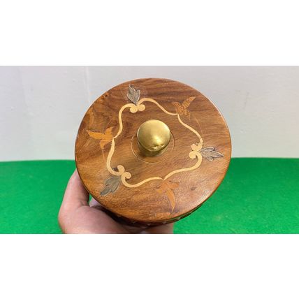 Vintage Wooden Round Box, Brass Knob, Handmade Sewing Box, Leaves Pattern, Carve