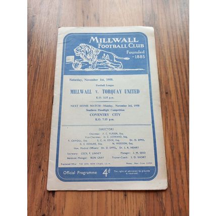 1958/59 Millwall vs Torquay - Division 4, 1/11/1958 ** FREE P&P **