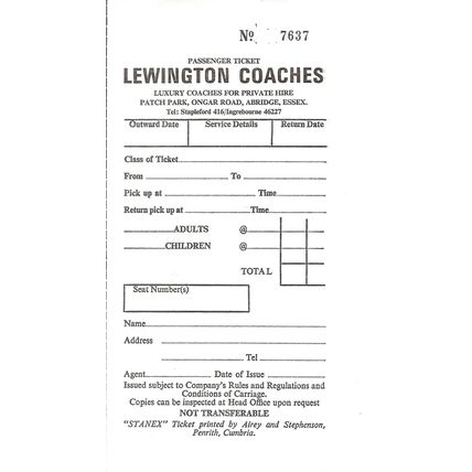 Passenger Ticket issued by Lewington Coaches of Abridge, Essex