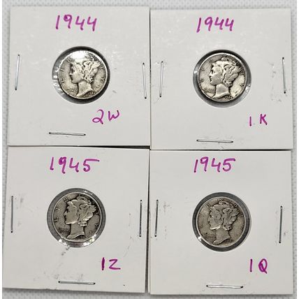 Silver Mercury Dimes 1944 (2), 1945 (2) Coins Lot of 4
