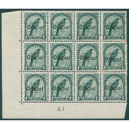 New Zealand 1937 1s deep green Perf 14x13½ Official SGO131 MNH plate block x12